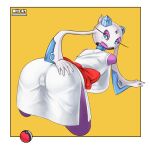  5_fingers areola asian_clothing bent_over big_butt blue_eyes breasts butt camel_toe clothed clothing east_asian_clothing eyelashes female fingers froslass generation_4_pokemon genital_outline hand_on_butt hi_res humanoid humanoid_hands japanese_clothing kimono long_eyelashes looking_back mitiz-art nintendo pokeball pokemon pokemon_(species) purple_body pussy_outline rear_view simple_background solo thick_thighs white_background white_body white_clothing white_kimono wide_hips yellow_background yellow_sclera 