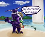  2019 anthro beach big_the_cat blue_sky butt clothing dialog_box english_text fishing_lure fishing_rod footwear hi_res inflatable inner_tube male outside redo_(artist) sand sandals seaside sega shadow signature sky solo sonic_the_hedgehog_(series) text yellow_sand 