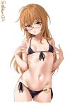  1girl alternate_costume bikini black_bikini blush breasts brown_eyes brown_hair collarbone cowboy_shot crescent crescent_pin ebifurya hair_between_eyes highres kantai_collection long_hair looking_at_viewer mochizuki_(kancolle) navel one-hour_drawing_challenge open_mouth red-framed_eyewear simple_background small_breasts solo swimsuit twitter_username white_background 