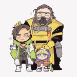  :3 ^_^ animification apex_legends beard black_eyes black_hair blonde_hair blue_eyes blue_headwear brothers brown_hair caustic_(apex_legends) chibi closed_eyes commentary crypto_(apex_legends) facial_hair full_body gloves hair_slicked_back hand_on_another&#039;s_head headpat holding_hands hood hood_down hooded_jacket jacket multiple_boys nessie_(respawn) nojima_minami orange_jacket sanpaku short_hair siblings simple_background symbol-only_commentary wattson_(apex_legends) wavy_mouth white_jacket yellow_gloves 