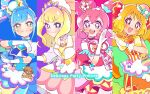  4girls :d apron arm_up back_bow bangs big_hair blonde_hair blue_bow blue_dress blue_eyes blue_hair blunt_bangs bob_cut bow bridal_gauntlets bright_pupils bun_cover closed_mouth commentary cone_hair_bun copyright_name cure_finale cure_precious cure_spicy cure_yum-yum delicious_party_precure detached_collar double_bun dress earrings english_text fuwa_kokone gloves hair_bow hair_bun hair_ornament hair_tie hairband half-closed_eyes hanamichi_ran head_tilt heart jacket jewelry kasai_amane kome-kome_(precure) large_bow long_hair long_sleeves looking_at_viewer magical_girl medium_dress mem-mem_(precure) meranoreuka_(pandapaca) multiple_girls nagomi_yui open_mouth orange_bow orange_dress orange_eyes own_hands_together pam-pam_(precure) pink_bow pink_dress pink_hair pink_hairband precure puffy_short_sleeves puffy_sleeves purple_eyes purple_headwear short_hair short_sleeves side_ponytail sleeveless sleeveless_dress smile tiara two_side_up very_long_hair waist_apron white_gloves white_jacket white_pupils yellow_bow 