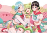  3girls bangs black_hair blue_bow blue_eyes blue_hair blush bow bow_legwear bow_skirt braid double_bun eyelashes finger_to_mouth green_bow green_eyes hair_bun holding_hands kneeling koniro mary_janes moira_(nijisanji) morinaka_kazaki multiple_girls navel nijisanji one_eye_closed open_mouth pink_bow red_bow red_footwear school_uniform shoes short_hair sitting smile suzuka_utako thighhighs virtual_youtuber white_thighhighs yellow_bow yellow_eyes 