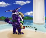  2019 anthro beach big_the_cat blue_sky butt clothing fishing_lure fishing_rod footwear hi_res inflatable inner_tube male outside redo_(artist) sand sandals seaside sega shadow signature sky solo sonic_the_hedgehog_(series) text yellow_sand 