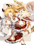  2girls animal_ears animal_hands bai_(granblue_fantasy) bare_shoulders bell blonde_hair bow bowtie closed_mouth cyenmi3 dated detached_sleeves dress gloves granblue_fantasy grey_hair highres huang_(granblue_fantasy) looking_at_viewer medium_hair multiple_girls neck_bell neck_hair open_mouth orange_eyes paw_gloves paw_shoes sleeveless sleeveless_dress smile tail tiger_ears tiger_girl tiger_tail twintails twitter_username 