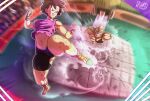  1boy 1girl absurdres artist_name ass audience aura bald battle battle_damage black_hair blurry blurry_background boots breasts brown_gloves clenched_hands closed_mouth d-art dragon_ball dragon_ball_z flying gloves highres looking_at_another muscular muscular_male navel pink_shirt shirt short_hair shorts sleeveless sleeveless_shirt spopovich tomboy toned torn_clothes videl 