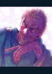  1boy askeladd blonde_hair blue_eyes cloak closed_mouth commentary facial_hair goatee green_cloak highres looking_at_viewer male_focus miyamainuzo mustache short_hair smile solo thick_eyebrows veins veiny_hands vinland_saga 