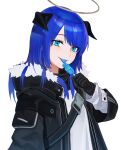  1girl absurdres aqua_eyes arknights bangs black_coat black_gloves blue_hair blue_tongue blush closed_mouth coat colored_tongue daya_(13urntsienna) food fur-trimmed_coat fur_trim gloves halo hand_up highres hooded_coat horns licking long_hair long_sleeves looking_at_viewer mostima_(arknights) open_clothes open_coat popsicle shirt simple_background smile snap-fit_buckle solo tongue tongue_out upper_body white_background white_shirt 