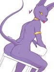  &lt;3 anthro armlet beerus blep chair desertkaiju domestic_cat dragon_ball dragon_ball_super ear_piercing felid feline felis furniture gold_(metal) gold_jewelry hairless hairless_cat hi_res jewelry looking_back male mammal necklace nude on_chair piercing purple_body rear_view sitting sitting_backwards solo sphynx_(cat) tongue tongue_out yellow_eyes 