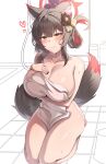  1girl absurdres animal_ear_fluff animal_ears bath bathroom black_hair blue_archive breasts cleavage colored_inner_hair flower fox_ears fox_girl fox_tail halo hat hat_flower hat_ribbon highres kisa_(leg3043) large_breasts looking_at_viewer multicolored_hair red_hair ribbon tail two-tone_hair wakamo_(blue_archive) yellow_eyes 