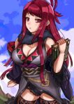  1girl absurdres alternate_costume bare_shoulders black_panties black_sash blue_sky blush book breasts cleavage cloud commentary_request cowboy_shot day detached_sleeves fire_emblem fire_emblem_engage grey_kimono highres holding holding_book ivy_(fire_emblem) japanese_clothes kimono large_breasts long_hair looking_at_viewer mole mole_under_mouth obi oniisan02b outdoors panties parted_lips purple_eyes purple_hair sash sky sleeveless sleeveless_kimono solo standing thighhighs thighs underwear very_long_hair 
