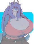  2022 absurd_res anthro big_breasts blue_body breasts cleavage clothed clothing colored digital_media_(artwork) dragon female grey_body grin hair half-length_portrait hi_res high-angle_view horn huge_breasts hyper hyper_breasts long_hair looking_aside monotone_hair multicolored_body portrait purple_hair shaded shirt side_boob simple_background smile solo tank_top themercart topwear two_tone_body vali_luscala 