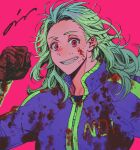  1girl bim0ngsam0ng blood blood_on_clothes blood_on_face blue_jacket brown_gloves character_name dorohedoro eyelashes flexing gloves grin jacket long_hair long_sleeves messy_hair muscular muscular_female noi_(dorohedoro) pink_background pink_eyes smile solo 