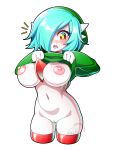  2022 3_fingers absurd_res artist_logo big_breasts blush breasts clothed clothing clothing_lift embarrassed facial_scar female fingers flashing flashing_breasts gardevoir generation_3_pokemon genitals hair hair_over_eye hi_res hoodie humanoid iryanic julienne_(reapcreates831) legwear logo looking_at_viewer mario_bros navel nintendo nipples not_furry one_eye_obstructed pokemon pokemon_(species) pussy red_eyes scar short_hair shyguy simple_background solo thigh_highs topwear turquoise_hair watermark white_background 