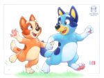  black_nose blue_body blue_fur brown_body brown_fur canid canine canis domestic_dog duo feet fingers fur kacey mammal open_mouth orange_body orange_fur pawpads red_tongue smile teeth toes tongue 