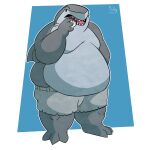  2021 3_toes anthro belly big_belly black_eyes bottomwear buddyfangoz clothed clothing dc_comics digital_media_(artwork) feet fin fish grey_body grey_skin hi_res holding_object king_shark male marine obese obese_anthro obese_male overweight overweight_anthro overweight_male shark sharp_teeth shorts signature simple_background solo standing teeth toes tongue topless 
