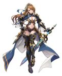  1girl absurdres armor armored_boots asymmetrical_bangs bangs beatrix_(granblue_fantasy) belt belt_buckle black_shorts blue_shirt boots breasts brown_hair buckle cleavage_cutout closed_mouth clothing_cutout cuisses full_body gauntlets granblue_fantasy green_eyes half-skirt highres holding holding_sword holding_weapon large_breasts ll_0109 long_hair navel navel_cutout ponytail shirt short_shorts shorts shoulder_armor simple_background smile solo sword weapon white_background 