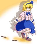  1girl alice_margatroid alice_margatroid_(pc-98) bangs blonde_hair blue_dress blue_hairband blue_ribbon brown_footwear dress footprints full_body hairband konokiya looking_at_viewer ribbon shadow short_hair smile solo standing standing_on_one_leg thighhighs touhou touhou_(pc-98) white_thighhighs yellow_eyes 