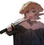  1girl belt black_belt blood blood_on_weapon blurry cape coat collared_shirt commentary daiba_nana fur-trimmed_cape fur_trim green_eyes grey_cape grey_shirt hair_between_eyes hair_tie highres holding holding_sword holding_weapon katana licking licking_weapon long_sleeves looking_at_viewer shirt short_hair shoujo_kageki_revue_starlight sketch solo sorano_(azu_mine) sword tongue tongue_out two_side_up upper_body weapon 