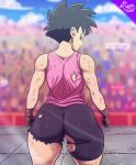  1girl artist_name ass audience battle_damage black_hair brown_gloves closed_mouth d-art dragon_ball dragon_ball_z gloves highres looking_at_viewer looking_back muscular muscular_female pink_shirt shirt short_hair shorts sleeveless sleeveless_shirt solo tomboy torn_clothes videl 