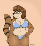  anthro barbera_(regular_show) bra breasts brown_body cartoon_network clothed clothing daison_the_fox female hi_res looking_at_viewer mammal mature_female procyonid raccoon regular_show simple_background slightly_chubby solo thick_thighs underwear 