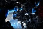  3boys cable earth_(planet) english_commentary gun helmet highres holding holding_gun holding_weapon johnson_ting looking_down male_focus multiple_boys original photoshop_(medium) planet power_armor science_fiction skull weapon 