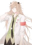  1boy black_necktie black_pants blonde_hair coat collar_x_malice collared_shirt green_eyes green_shirt highres labcoat long_hair long_sleeves looking_at_viewer male_focus necktie pants shiraishi_kageyuki shirt solo white_background white_coat yukiralu 