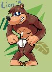  2019 absurd_res anthro banjo-kazooie banjo_(banjo-kazooie) bear black_nose blue_eyes briefs brown_body brown_fur clothing covering covering_crotch embarrassed fur green_background hi_res holding_clothing holding_object holding_underwear jewelry male mammal necklace nude open_mouth rareware redo_(artist) simple_background solo teeth_showing text tighty_whities underwear white_briefs white_clothing white_underwear 