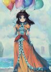  1girl absurdres balloon beach blue_eyes brooch cloud cloudy_sky crown dress ellanotte gloves highres holding holding_balloon jewelry lonely long_hair looking_at_viewer mario_(series) ocean orange_dress princess_daisy signature skirt_grab sky standing tearing_up water white_gloves 