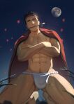  1boy abs absurdres ass_visible_through_thighs backlighting bara barefoot black_hair bulge calligraphy_brush cape crossed_arms fundoshi grass grin happy_new_year headband highres japanese_clothes looking_at_viewer maize-sausage male_focus male_pubic_hair moon mouth_hold muscular muscular_male navel navel_hair night on_ground original outdoors paintbrush pectorals pubic_hair pubic_hair_peek red_cape red_eyes red_headband short_hair sky smile solo spiked_hair spread_legs star_(sky) starry_sky testicle_peek underwear underwear_only 