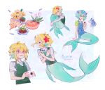 1boy :d artist_name bangs basil_(omori) blonde_hair blue_overalls blue_shorts blush book border camera character_name chinese_commentary closed_mouth collared_shirt commentary_request conch cropped_torso crying crying_with_eyes_open dated fins fish flower flower_wreath full_body green_eyes green_shirt green_vest hair_between_eyes hair_ornament head_fins head_wreath highres holding holding_book holding_camera looking_away looking_to_the_side male_focus merman monster_boy multiple_views omori open_mouth outside_border overall_shorts overalls plant profile purple_flower raised_eyebrows red_eyes seashell shell shirt short_hair short_sleeves shorts sidelocks simple_background smile sprout starfish_hair_ornament tears upper_body vest wavy_mouth white_border white_shirt wing_collar wzyskglz yellow_flower 