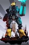  2023 3_toes absurd_res anthro anthrofied arm_cannon armor artist_logo banner blue_body bolter cable canid canine canis chain codpiece collegia_titanica digitigrade domestic_dog dual_wielding embers eye_scar facial_scar feet female full-length_portrait gatling_gun glowing glowing_eyes gun gun_arm hi_res holding_object holding_weapon insignia joints logo machine machine_gun mammal mecha metallic_body multicolored_body plasma_gun portrait ranged_weapon robot rubble scar schynbalds shaded smoke smoking_gun solo titan_(warhammer_40000) toes two_tone_body warhammer_(franchise) warhammer_40000 warhound_titan weapon wire wolfdawg yellow_body 