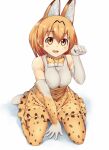  1girl animal_ears blonde_hair bow bowtie breasts kemono_friends medium_breasts open_mouth rixch serval_(kemono_friends) short_hair simple_background sitting solo teeth yellow_eyes 