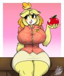  2023 animal_crossing anthro apple big_breasts big_butt blonde_hair blush breasts brown_eyes butt canid canine canis cleavage clothed clothing domestic_dog fangs female food fruit fur hair hi_res huge_breasts huge_butt huge_thighs isabelle_(animal_crossing) lunarspy mammal nintendo open_mouth plant shih_tzu signature sitting smile solo teeth text thick_thighs toy_dog wide_hips yellow_body yellow_fur 