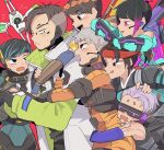  1boy 6+girls air_orchid_valkyrie animification apex_legends black_hair blue_bodysuit blue_hair blue_jacket blush bodysuit brown_eyes brown_hair clothing_cutout cloud_marauder_valkyrie colored_tips crypto_(apex_legends) drooling fluorescent_tech_valkyrie hack_(apex_legends) hair_behind_ear harem head-mounted_display headband headset hetero highres hug hug_from_behind jacket licking_lips multicolored_hair multiple_girls multiple_persona nojima_minami non-humanoid_robot official_alternate_costume omatsuri_fury_valkyrie orange_bodysuit ponytail purple_eyes purple_hair red_background red_headband robot short_hair shoulder_cutout streaked_hair tongue tongue_out valkyrie_(apex_legends) white_jacket 