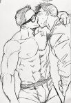  2boys abs alternate_costume arm_around_shoulder arm_hair bara billy_russell_(dickfish) boxer_briefs bulge casual clothes_tug couple dickfish_(fishismdick) facial_hair glasses highres john_rottweil_(dickfish) kiss large_pectorals male_focus male_underwear mature_male multiple_boys muscular muscular_male mustache navel navel_hair nipples original pectorals scan scar scar_on_chest scar_on_stomach shirt_grab short_hair sideburns sketch stomach sweatdrop thick_eyebrows topless_male traditional_media underwear underwear_only yaoi 