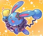  ;d azumarill berry_(pokemon) clothed_pokemon commentary_request hitsubaru holding no_humans notice_lines one_eye_closed open_mouth pokemon pokemon_(creature) sitrus_berry smile solo star_(symbol) tongue watermark 