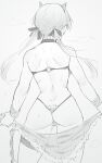  1girl ass bikini chain em_(totsuzen_no_hakike) from_behind g-string greyscale monochrome original sarong shoulder_blades sketch skindentation solo standing swimsuit thong twintails 