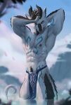 2023 5_fingers abs anthro areola day detailed_background digital_media_(artwork) dragon fingers fur furred_dragon horn lynncore male muscular nipples outside partially_submerged shirtless sky solo standing_in_water wingless_dragon zarko 
