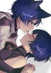  2boys absurdres animal_ears bangs bare_shoulders black_shirt blunt_ends blush cat_ears closed_eyes closed_mouth detached_sleeves dfuma_pqr dual_persona eyeshadow genshin_impact highres japanese_clothes licking licking_nose long_sleeves looking_at_another makeup male_focus multiple_boys open_mouth profile purple_eyes purple_hair purple_shirt red_eyeshadow scaramouche_(genshin_impact) scaramouche_(kabukimono)_(genshin_impact) shirt short_hair sidelocks sideways simple_background sleeveless sleeveless_shirt sweatdrop tongue tongue_out upper_body v-shaped_eyebrows vest wanderer_(genshin_impact) white_background white_vest 
