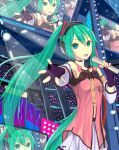  1girl absurdres aqua_eyes aqua_hair beet3kc-honoh232close concert detached_sleeves freely_tomorrow_(vocaloid) happy hatsune_miku highres looking_at_viewer microphone music project_diva_(series) project_diva_f singing sleeveless smile solo stage star_voice_(module) twintails vocaloid 