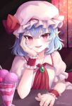  1girl ascot bat_wings blue_hair blush braid dress food fujimori_shiki hat hat_ribbon highres ice_cream mob_cap open_mouth pink_dress pointy_ears red_ascot red_eyes remilia_scarlet ribbon short_hair smile touhou twin_braids wings wrist_cuffs 