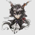  1boy animal_ears arknights bishounen black_hair character_name ebenholz_(arknights) goat_boy goat_ears highres horns long_hair looking_at_viewer male_focus neckerchief pomopomoinu purple_eyes red_ribbon ribbon simple_background solo star_(symbol) upper_body white_background 