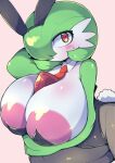  areola big_breasts blush breasts brown_eyes clothed clothing female gardevoir generation_3_pokemon green_body humanoid looking_at_viewer nekoyuu nintendo pokemon pokemon_(species) simple_background solo thick_thighs white_body 