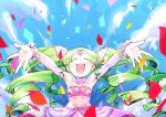  1girl bare_shoulders blue_sky blush closed_eyes cloud collar colored_eyelashes detached_sleeves dress drill_hair falling_petals falulu grey_hair happy headphones idol open_mouth outstretched_arms petals pink_dress pretty_(series) pripara sky solo treble_clef twin_drills white_collar white_sleeves xxogorexx 