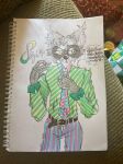  anthro belt facial_expression gesture hi_res male mammal necktie patterns procyonid psych!? raccoon solo speech_bubble 