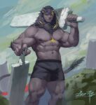  abs absurd_res anthro awaldkize black_bottomwear black_clothing black_hair black_mane black_nose black_pants bottomwear bulge clothed clothing felid front_view grey_body hair hi_res holding_object holding_sword holding_weapon lion looking_at_viewer male mammal mane melee_weapon mouth_closed muscular muscular_anthro muscular_male navel orange_eyes pantherine pants pecs portrait pupils signature simple_background slit_pupils solo standing sword three-quarter_portrait topless weapon 