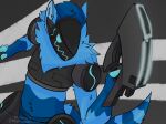  anthro blue fur gun hi_res machine male protogen ranged_weapon simple_background solo valor_(disambiguation) weapon 