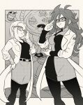  2girls absurdres adjusting_eyewear android_18 android_21 bespectacled cake commentary cupcake doughnut dragon_ball dragon_ball_fighterz dress ear_piercing earrings food frown glasses greyscale hand_on_hip highres hoop_earrings jewelry labcoat medium_skirt monochrome multiple_girls pants pants_under_skirt piercing pink_mousse short_dress skirt smile 