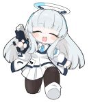  1girl bangs blue_archive blush chibi closed_eyes grey_hair halo headphones highres jacket long_hair looking_at_viewer miranofuudoria necktie noa_(blue_archive) simple_background smile solo very_long_hair white_background 