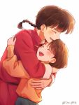  1boy 1girl closed_eyes hetero hug open_mouth orange_sweater ranma_1/2 saotome_ranma short_hair simple_background sweater teeth tendou_akane tsukisaka_iro twitter_username upper_teeth_only white_background 